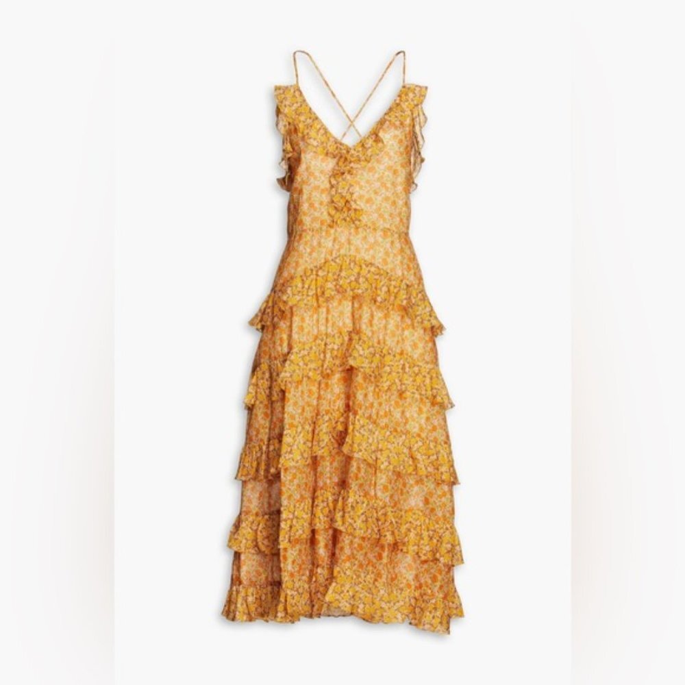 ❌❌SOLD❌❌450 MAJE Printed Cotton Voile Dress With Ruffles Orange | Womens Dresses - Picture 3 of 11